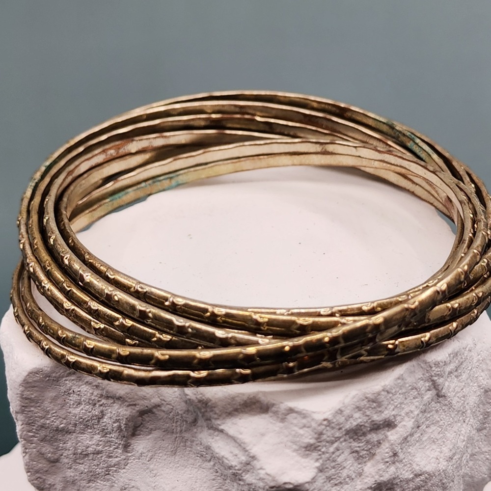 Gold Tone Textured Bangle Bracelet Set Stackable Boho Hammered Costume Jewelry